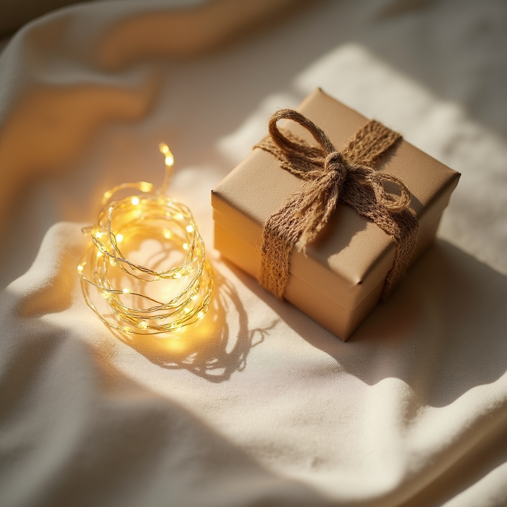 Verpacktes Set aus warmweißer Lichterkette und kleiner Tischleuchte als Geschenk